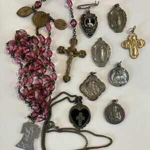 Vintage Religious Jewelry Lot – Sterling Silver Heart, Rosary, Medals, Crosses